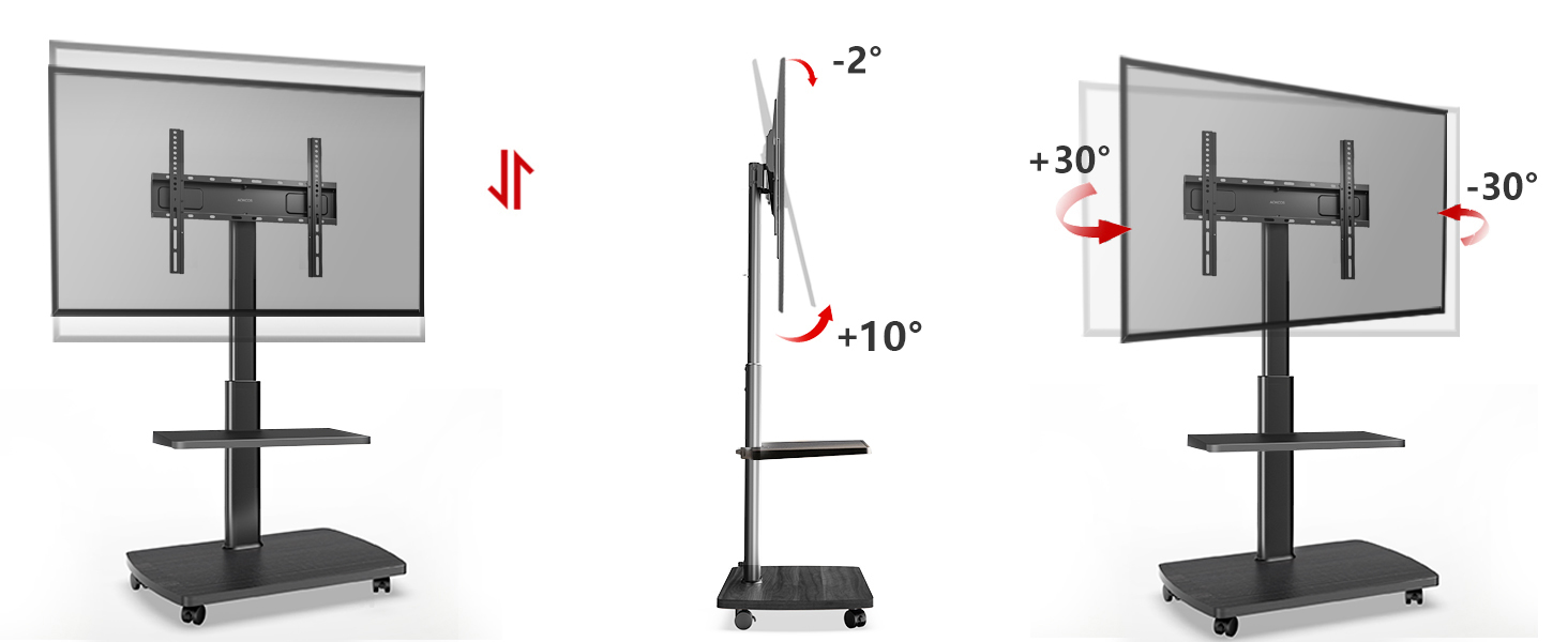 AOKCOS Rolling TV Stand with Wood Shelf - Adjustable Height & Swivel - Fits 32-65 inch TVs (up to 40kg, VESA 400x400mm)