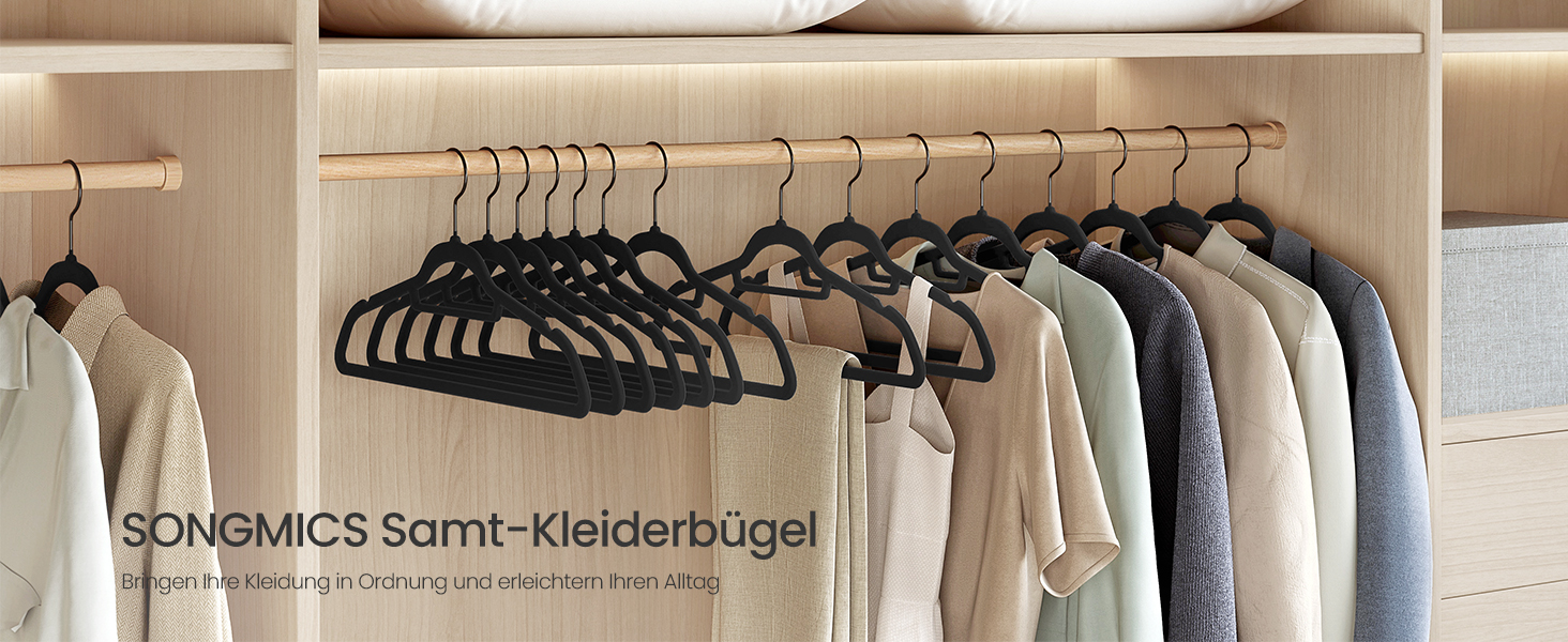 Плечики SONGMICS для одягу, 50 шт., велюрові, антиковзаючі, для краваток, 360° обертання, 0,6 см, економія місця, 43,5 см, для пальто, штанів, срібно-білі