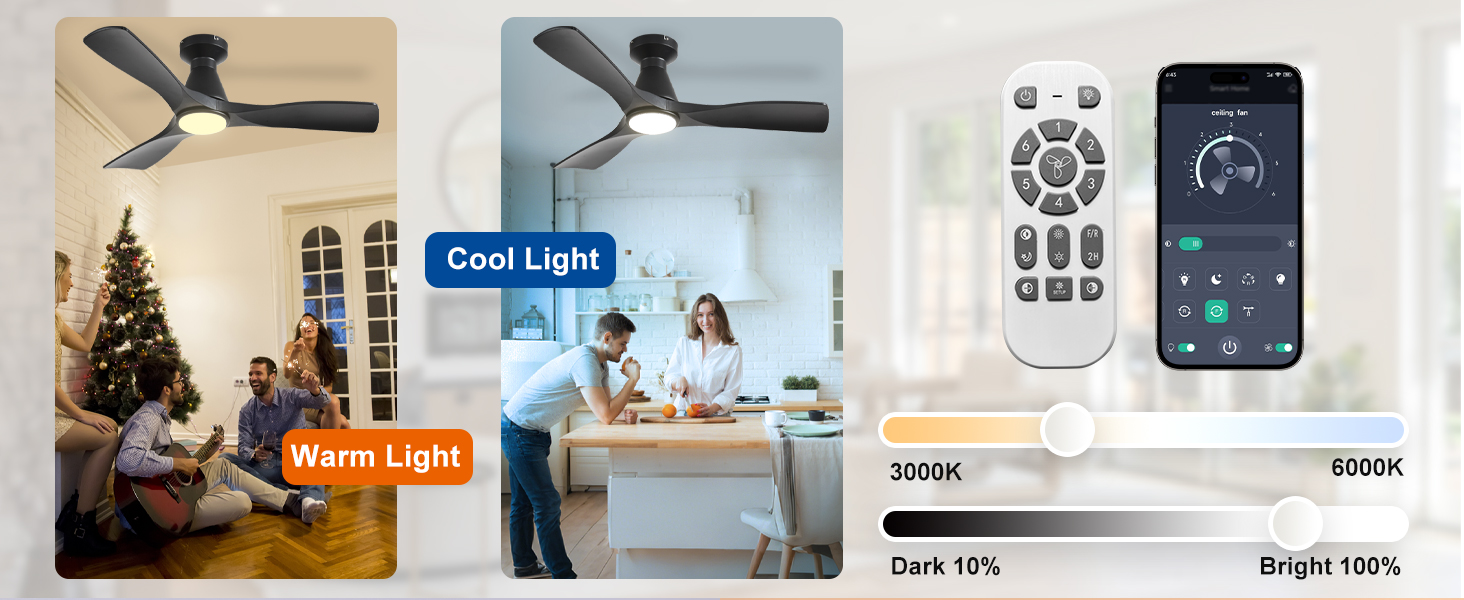 Стелянка вентилятор Depuley 42 дюйми з підсвічуванням: чорний, 3 лопаті, врізний монтаж для спальні. Диммування, керування через додаток, тихий DC-двигун, таймер, чорний колір.