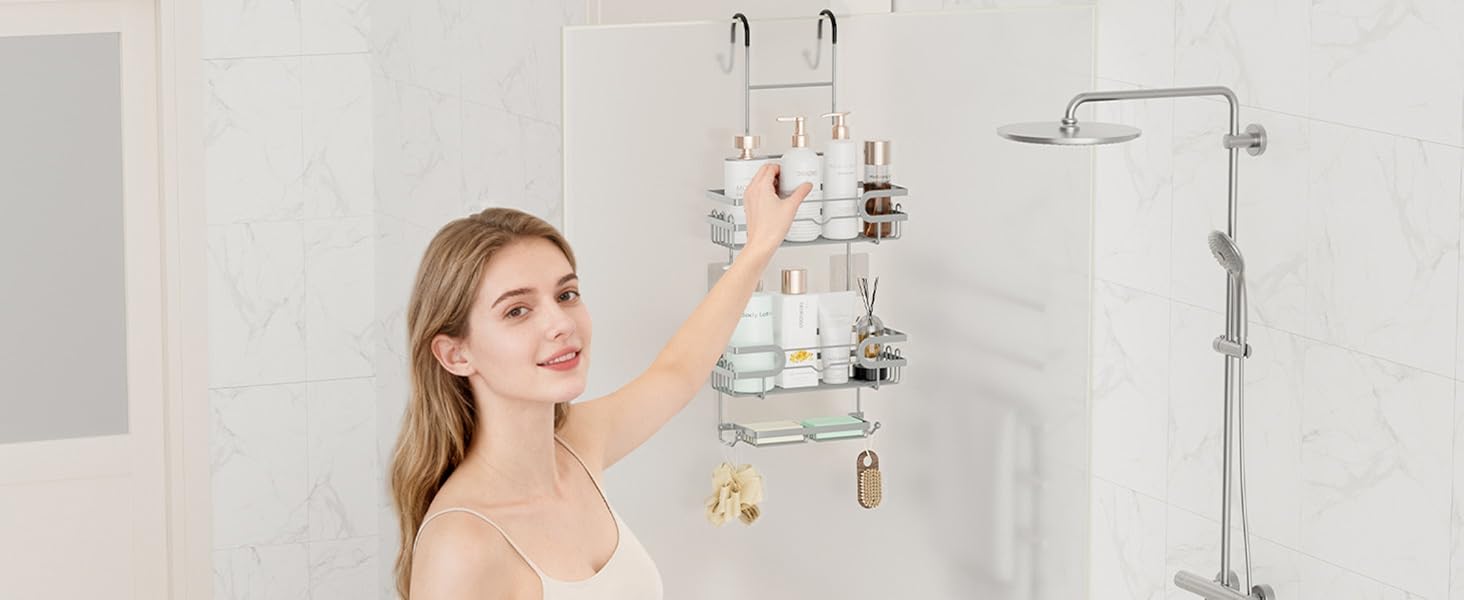 Настінна поличка для душу SWTYMIKI з нержавіючої сталі з 2 кошиками та 2 мильницями, 14 гачків, срібна