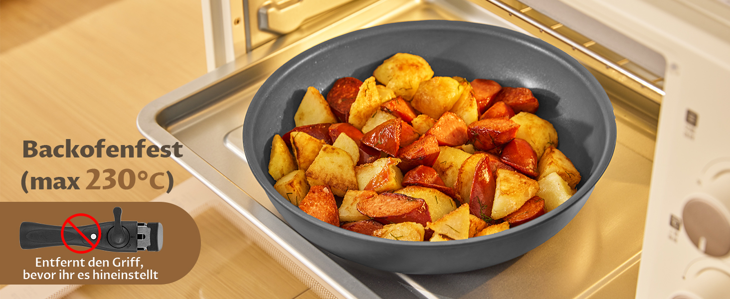 Набір сковорідок 4 шт. 20, 24, 28 см з термоіндикатором, знімні ручки, антипригарне покриття, підходить для всіх плит, можна використовувати в духовці