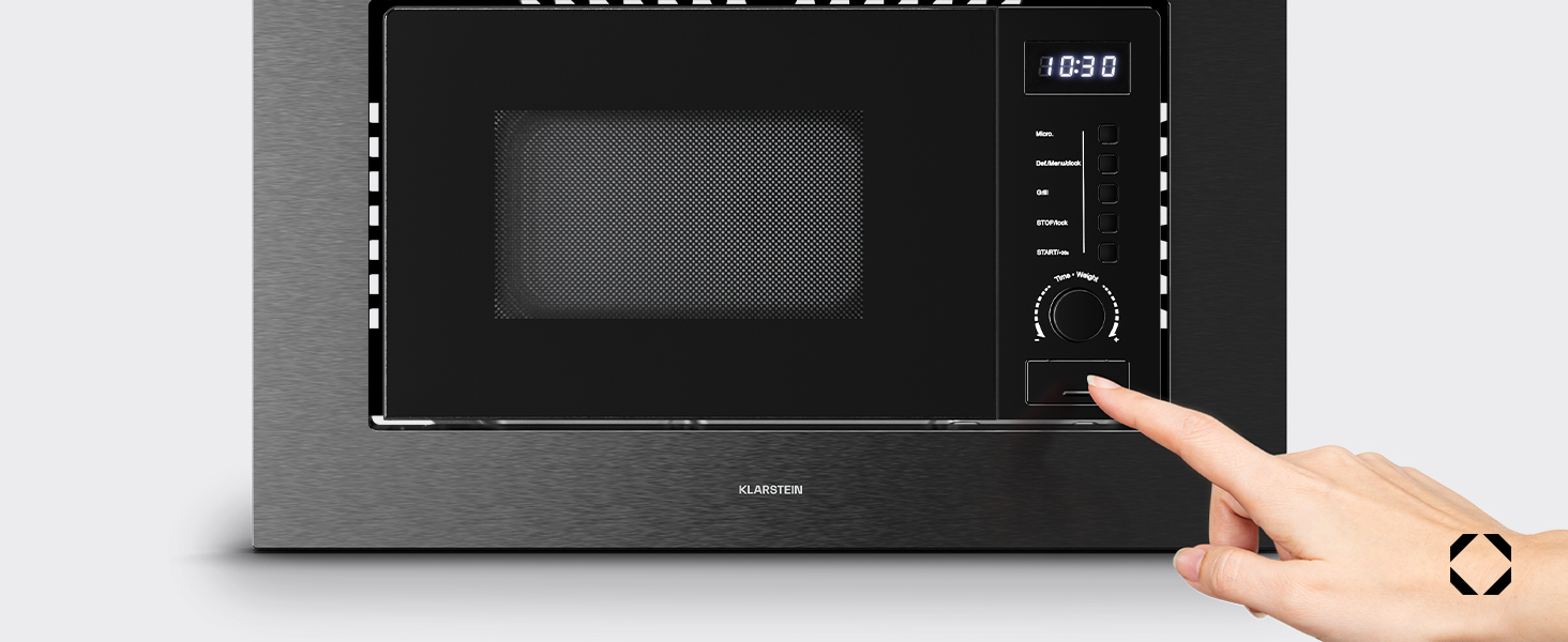 Мікрохвильова піч Klarstein Verosteel Einbaumikrowelle 60 см з грилем – 20L, 700W, 8 програм, сенсорне керування, нержавіюча сталь, функція розморожування, LED-підсвічування, чорна нержавіюча сталь
