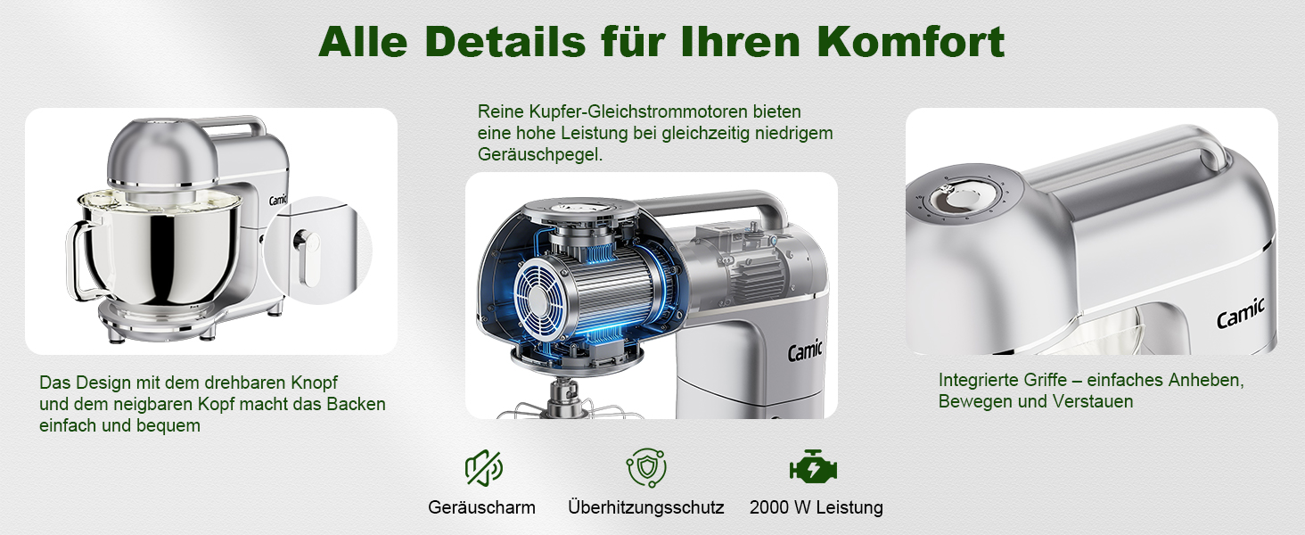 Кухонна машина Camic 2000W: планетарний міксер з чашею з нержавіючої сталі 7л, 10 швидкостями, набором насадок та захистом від бризок, сріблястий