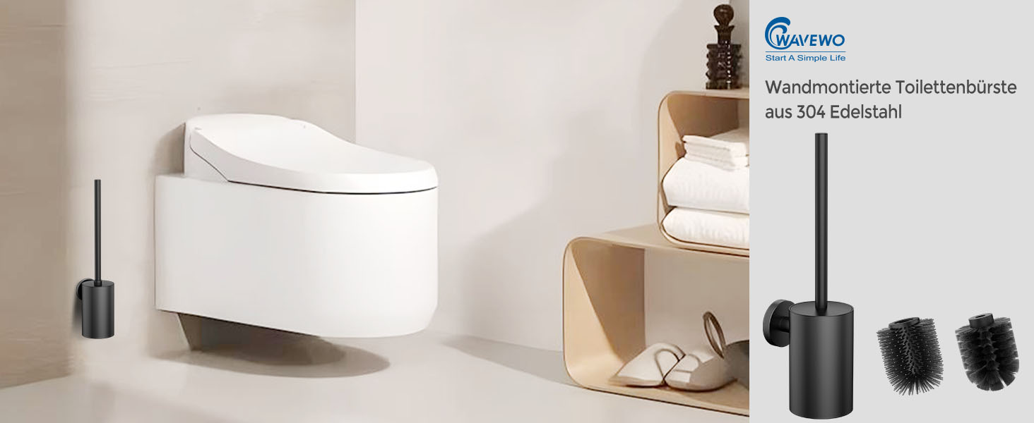 Щітка для унітазу WAVEWO з кріпленням на стіну, силіконова щітка та тримач, квадратна щітка з нержавіючої сталі 304, включає 2 насадки (круглі чорні)