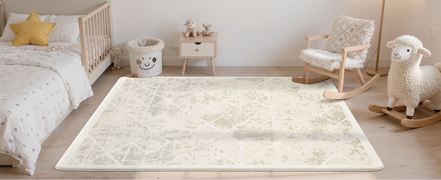 Килим Leesentec для вітальні, спальні: геометричний, сучасний, антиковзаючий, короткий ворс, бежевий, великий, білий (слонова кістка), 80 x 120 см, прямокутний