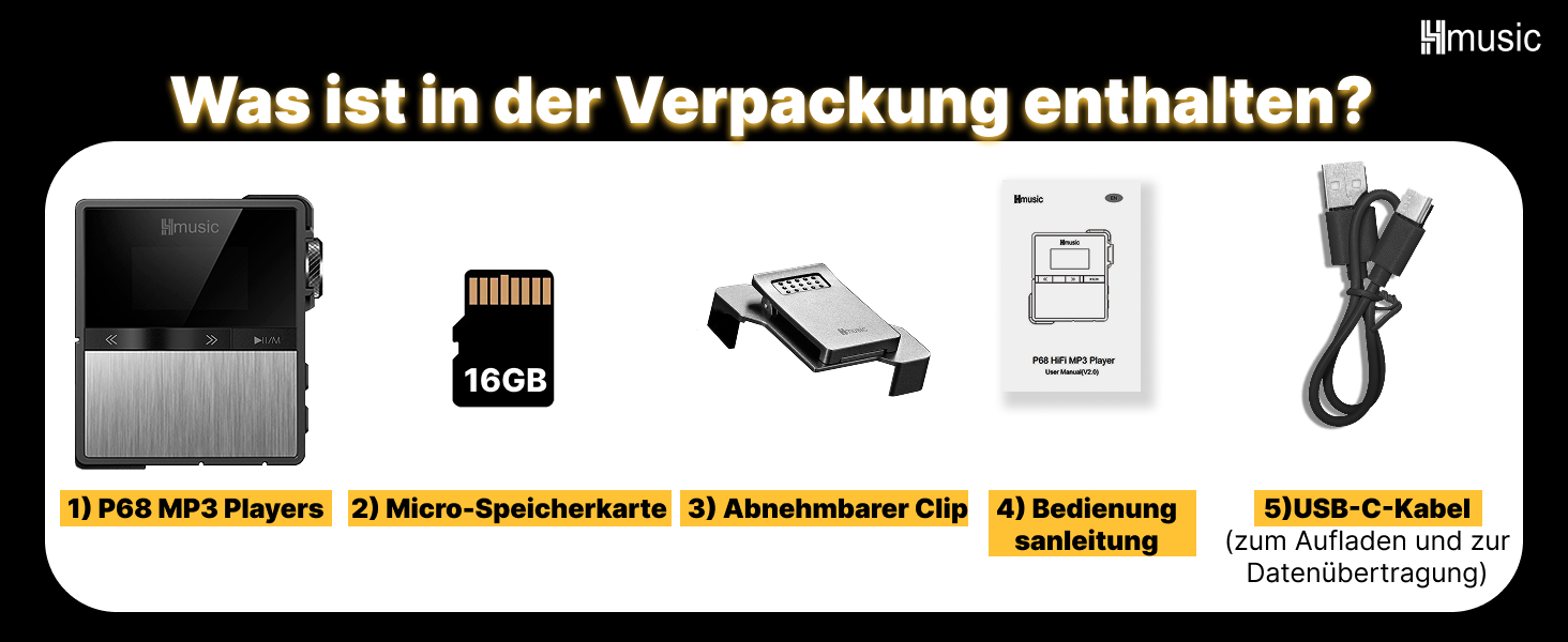 MP3-плеєр Hmusic P68 HiFi з кліпсою, Bluetooth, 16GB + карта пам'яті 128GB, підтримка DSD, Hi-Res аудіо