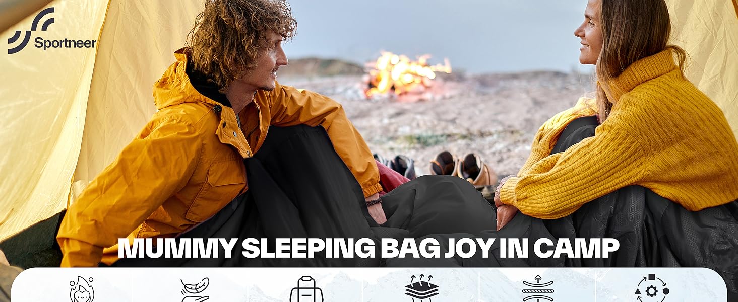 Сплячий мішок Sportneer - компактний та ультралегкий (950г/1500г) - кокон для кемпінгу та подорожей. 3-4 сезонний спальний мішок для чоловіків, жінок та дорослих. Чорний колір.