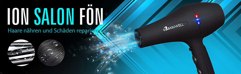 Фен Basuwell Ionen Pro 2100W з дифузором: потужний, тихий, для салону краси, інфрачервоний, 3 режими, 2 швидкості, чорний