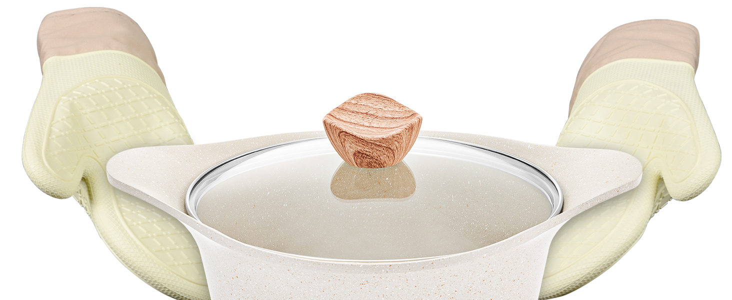 Набір посуду RIOVARM з індукційним дном, антипригарне покриття граніт, набір каструль та сковорідок з кришками, без PFOA, з ручками з імітацією дерева, сковорода, каструля, ковшик