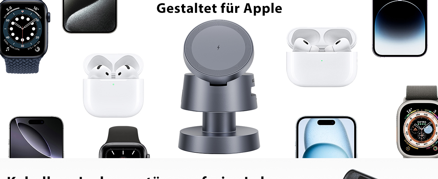 База для бездротової зарядки 4-в-1 для iPhone 17/16/15/14 Pro Max з нічним світлом, сумісна з Apple Watch та AirPods (сіра)