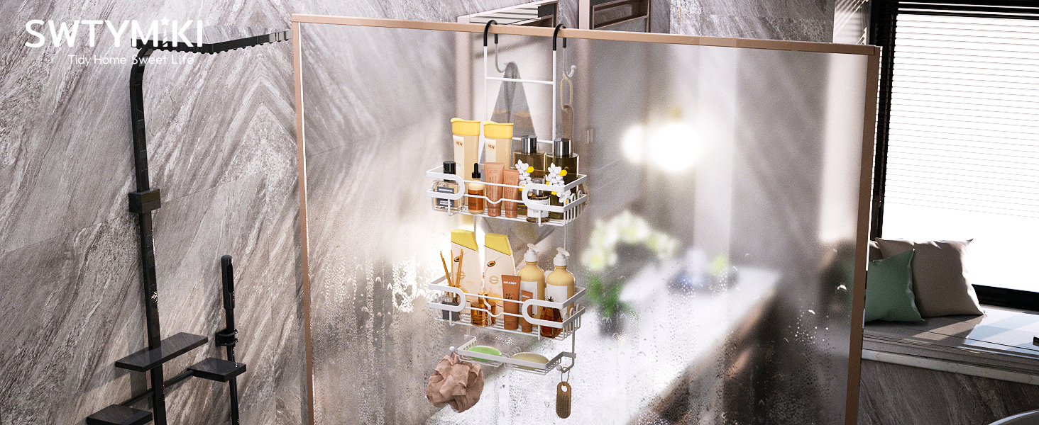 Настінна поличка для душу SWTYMIKI з 2 кошиками та 2 мильницями, з нержавіючої сталі, 14 гачків, білий колір