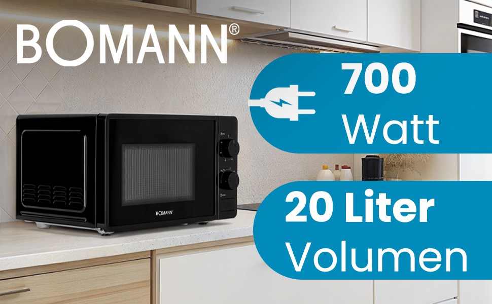 Мікрохвильова піч Bomann MW 6014 CB чорна, 700 Вт, 20 л, 6 рівнів потужності, поворотний піднос 360°