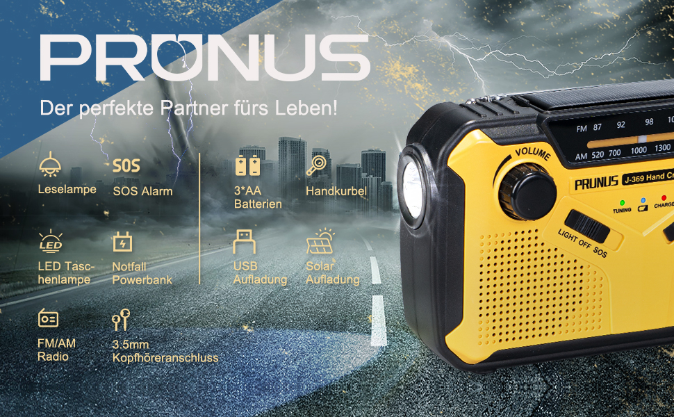Радіо PRUNUS J-369: FM/AM, сонячне, з ручним заводом, Power Bank 3000mAh, SOS, ліхтарик для кемпінгу та надзвичайних ситуацій [Зелене] (Чорний та жовтий)