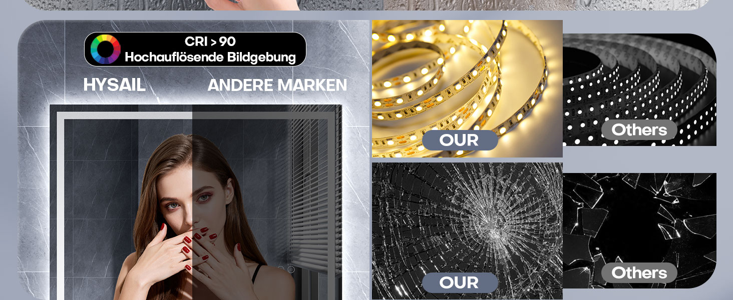 Дзеркало для ванної кімнати HySail з підсвічуванням, 5 мм, висока роздільна здатність, срібне скло, 3 колірні температури, регульована яскравість, сенсорний вимикач, антизапарник, 80 x 60 см