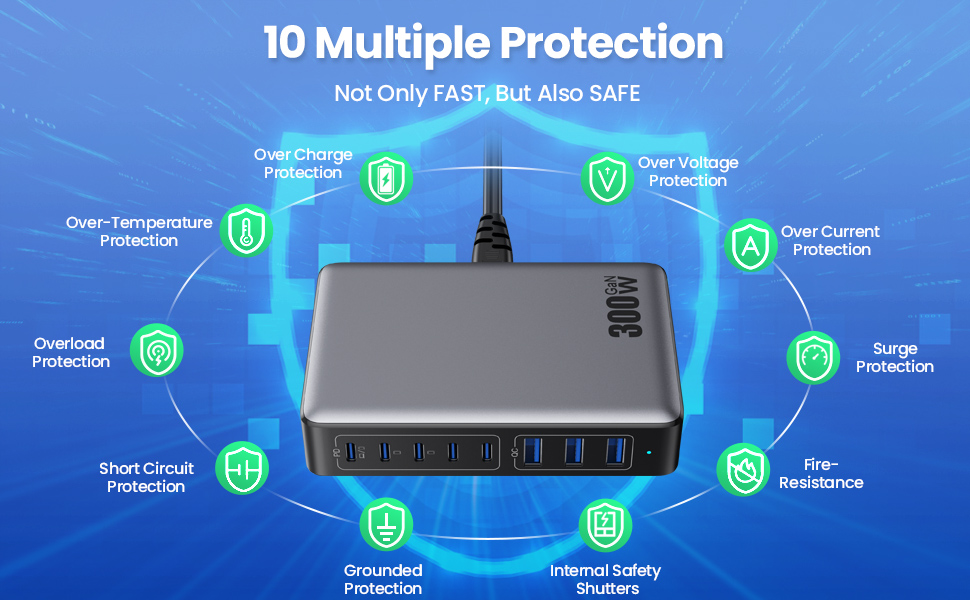 Зарядний пристрій USB C 300W, 8 портів, швидка зарядка 100W PD PPS для ноутбука, MacBook, iPad, iPhone 16/15/14, Samsung – Чорний