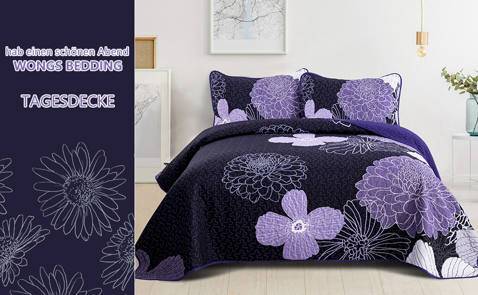 Покривало WONGS BEDDING 220x240 см, лілове, квітковий принт, мікрофібра, літнє стьобане покривало для двоспального ліжка + 2 наволочки 50x75 см