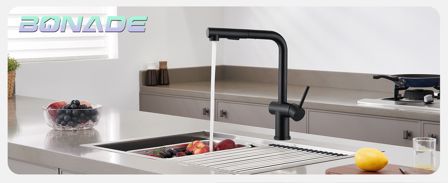 Змішувач кухонний з висувною лійкою, чорний, з двома режимами струменя, 360° обертання, з нержавіючої сталі