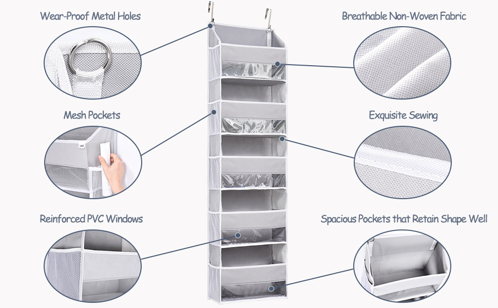 Органайзер для дверей ULG з 5 великими та 10 сітчастими кишенями, вантажопідйомність 20 кг, для спальні, ванної, кухні (сірий)