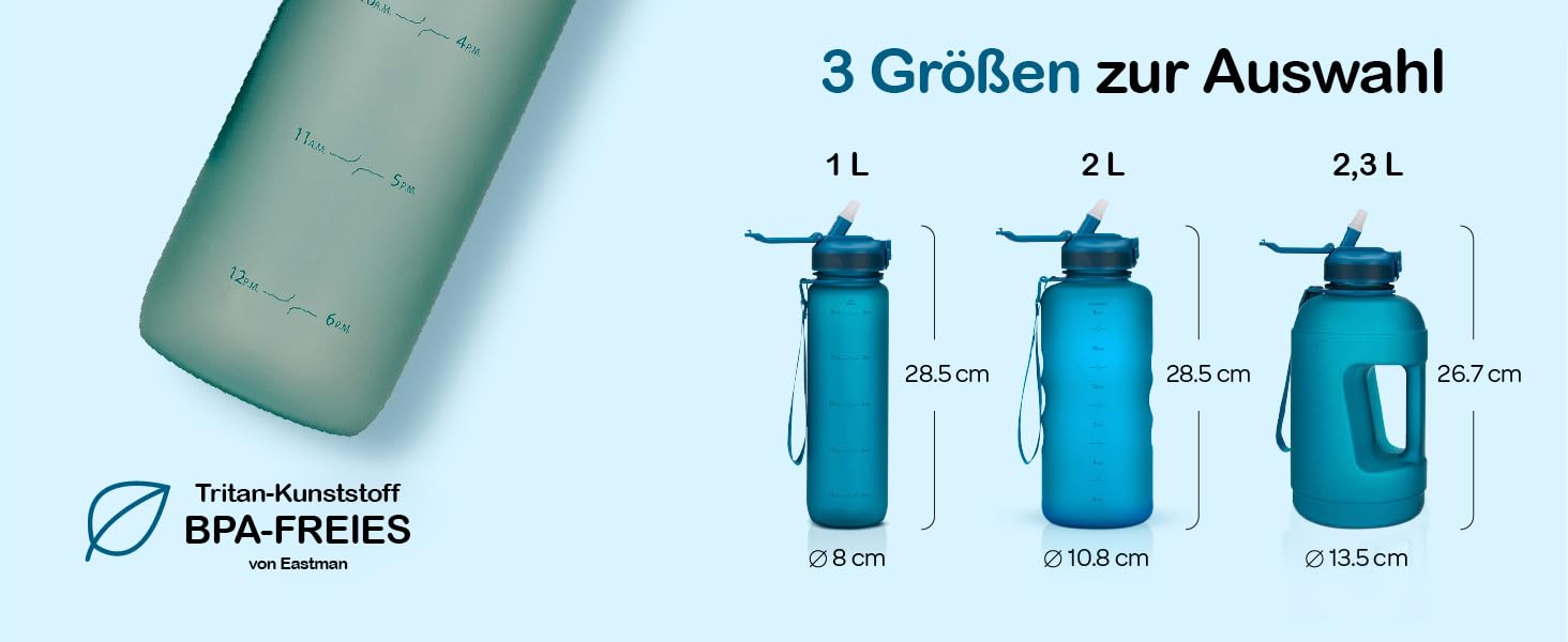 Пляшка для води Hydracy з соломинкою та мітками часу 2л - Спортивна пляшка без BPA, герметична, не конденсується - Moonlight Green