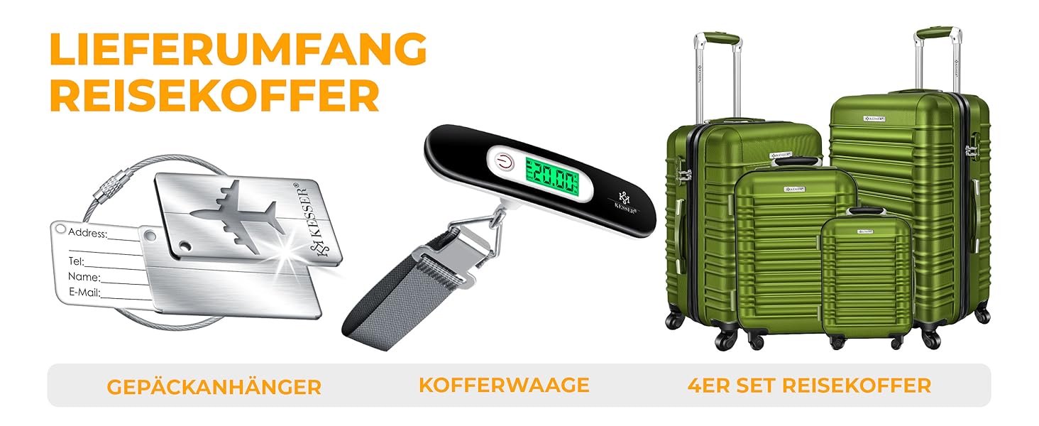 Набір валіз KESSER® з жорстким корпусом (S, M, L, XL) з вагами та білгетом, 4 колеса, ABS, телескопічна ручка, колір хакі