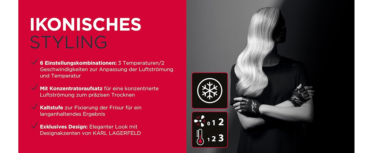 Фен Rowenta x Karl Lagerfeld Studio Dry CV581L: Ефективність та стиль, 6 режимів, Thermo Control, чорний/червоний