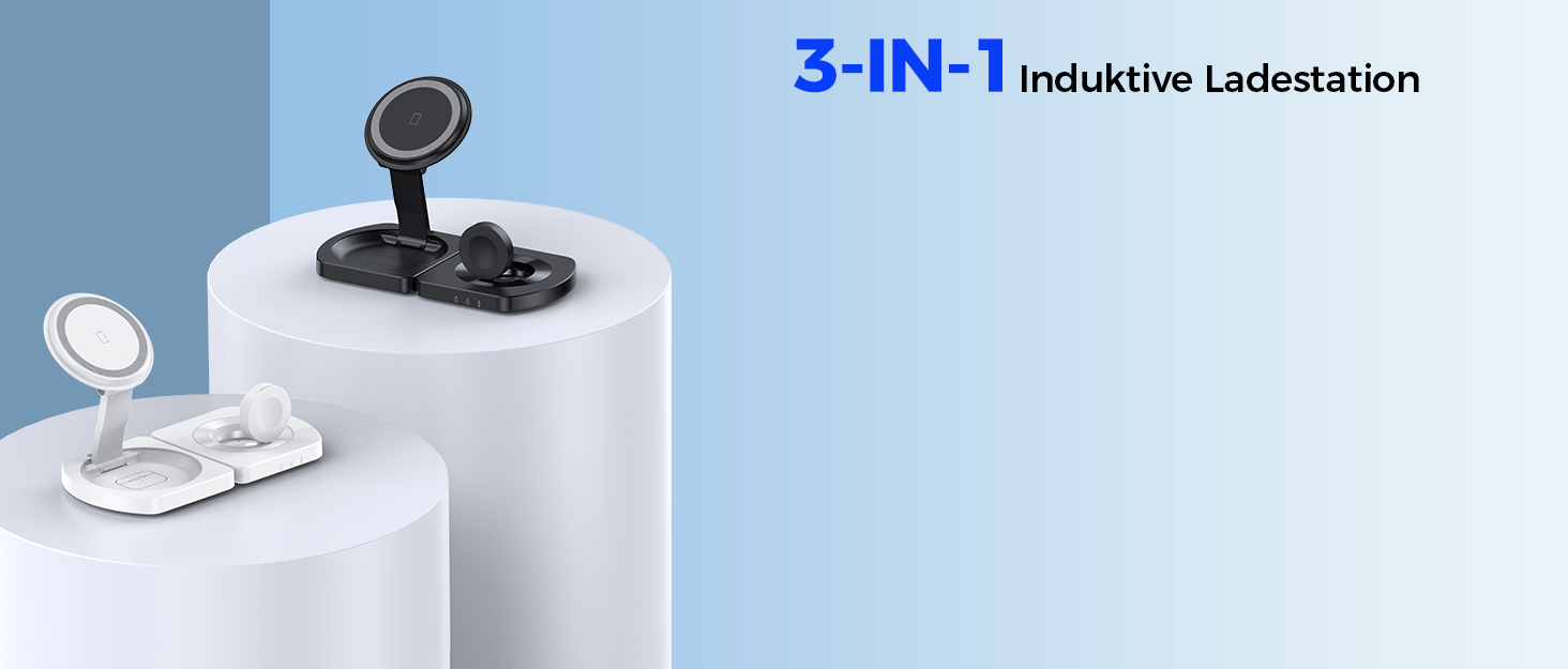 Бездротова зарядка Induktive для iPhone 17 Air/16/15/14/13/12, 3-в-1 з підтримкою MagSafe, Apple Watch та AirPods, чорний матовий