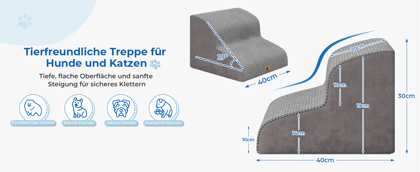 Сходинка для собак, 2 сходинки, 30 см, для маленьких собак та котів, миється, неслизька, сіра