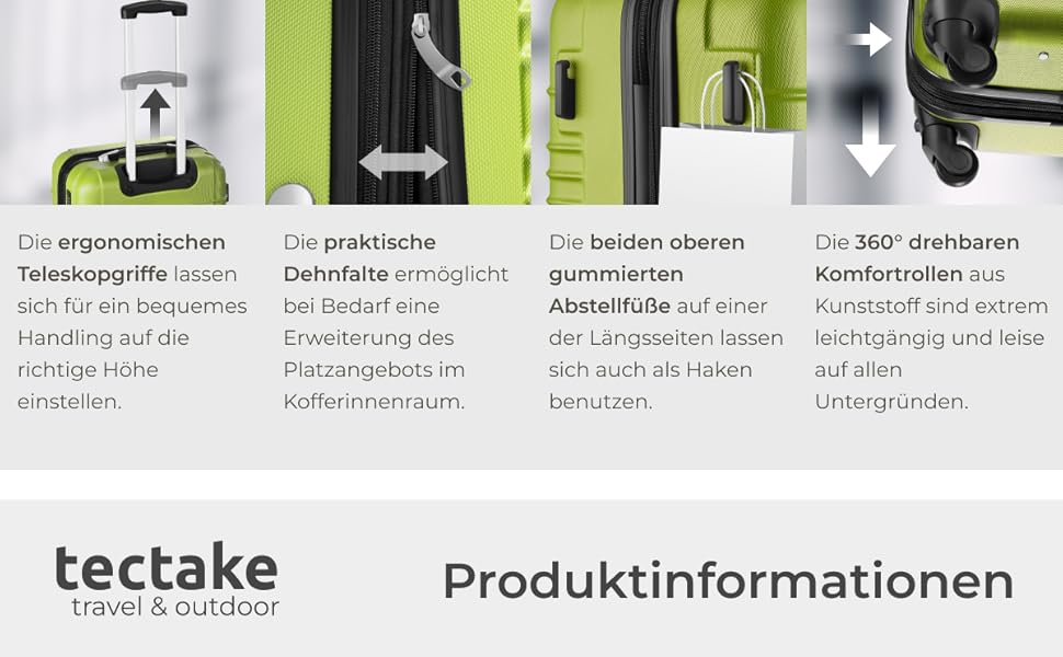 Набір валіз Tectake® 4 шт. з TSA замком, жорсткий корпус, набір ролерів, ABS, 4 колеса, 360°, телескопічна ручка - зелений