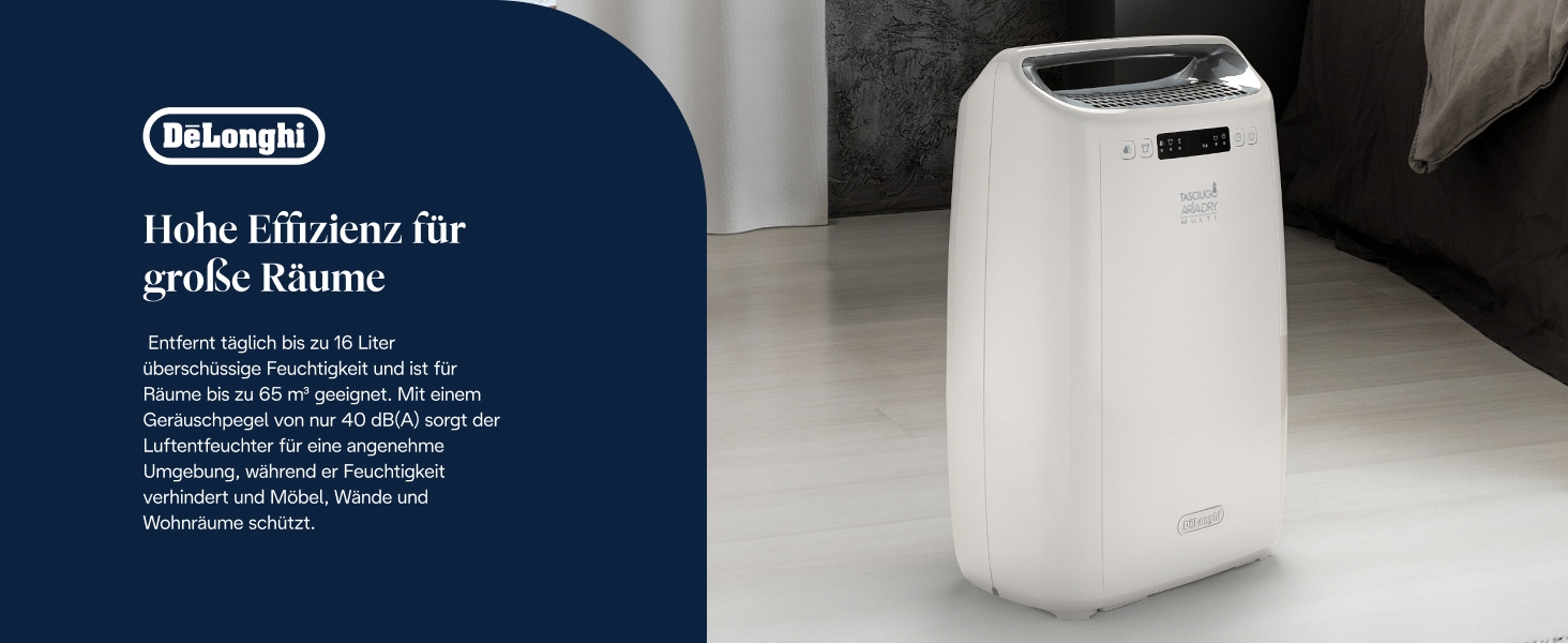 Зволожувач повітря De'Longhi AriaDry DEXD216RF з фільтрацією та функцією осушення, 16 л/день, R290, чорний