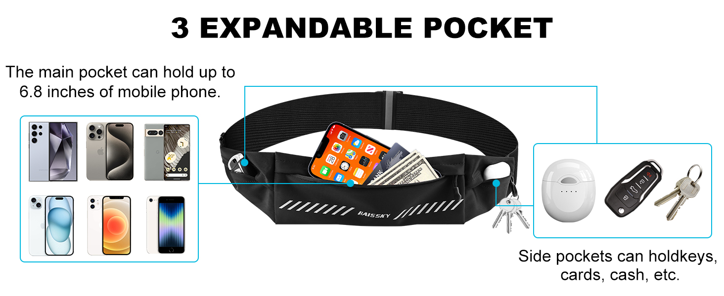 Водонепроникний поясний ремінь для телефону з 3 кишенями, спортивний пояс для бігу, бананка для чоловіків та жінок, чорний (7.0