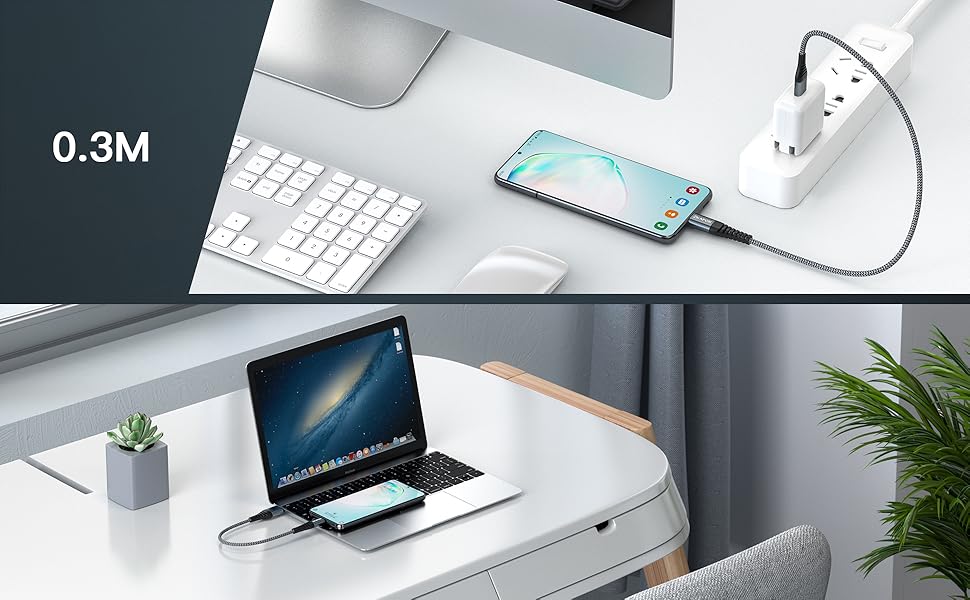 Кабель USB-C 2 шт. ZKAPOR, 3.1A, нейлон, сірий (0.3м) - сумісний з iPhone 15/Samsung Galaxy/Huawei/Google Pixel