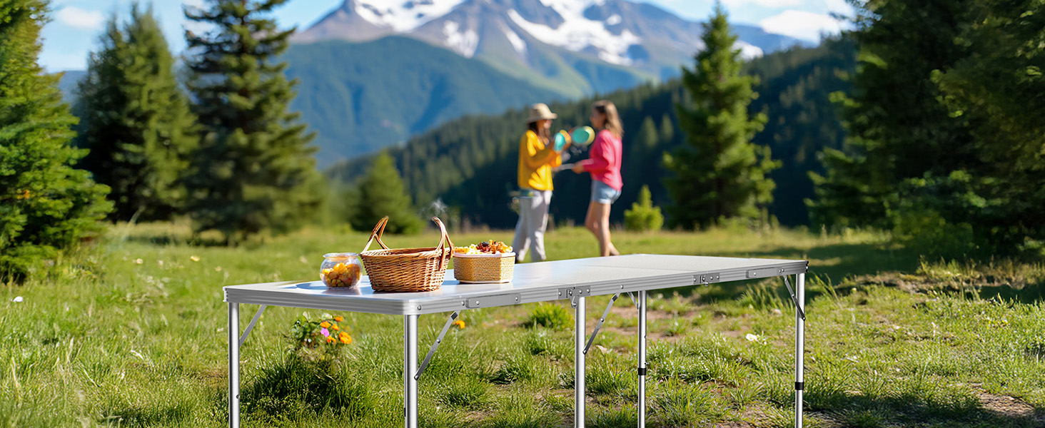 Складаний туристичний стіл 180x60x70 см з регулюванням висоти, алюмінієвий каркас, стільниця МДФ, багатофункціональний, для кемпінгу, саду, дачі