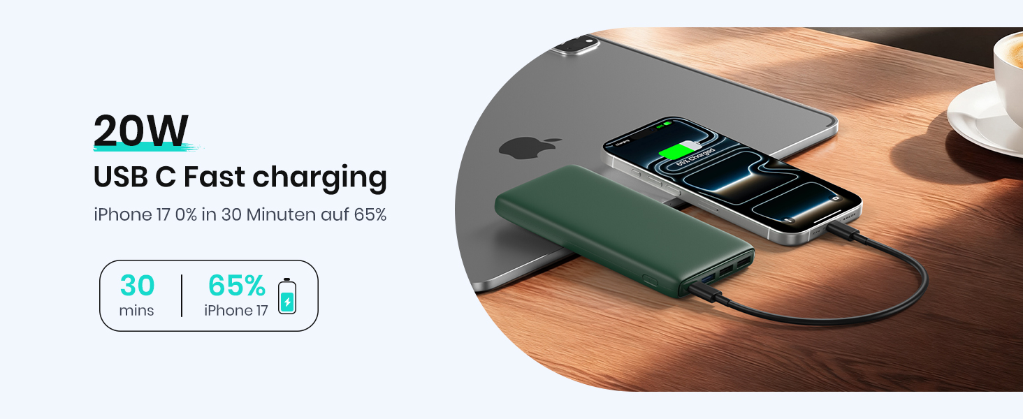 Power Bank ADDTOP 20000mAh 22.5W: Зовнішній акумулятор USB-C для iPhone 17/16/15/14/13/12/11, Samsung Galaxy, швидка зарядка, LED-індикатор, зелений