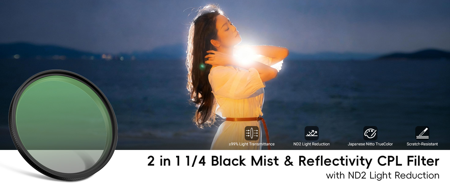 Комбінований фільтр Nitto 49мм 2в1 Black Mist 1/4 та CPL поляризаційний, ND2 світлозаослаблювач, True Color з 14-шаровим покриттям для портретів та пейзажів
