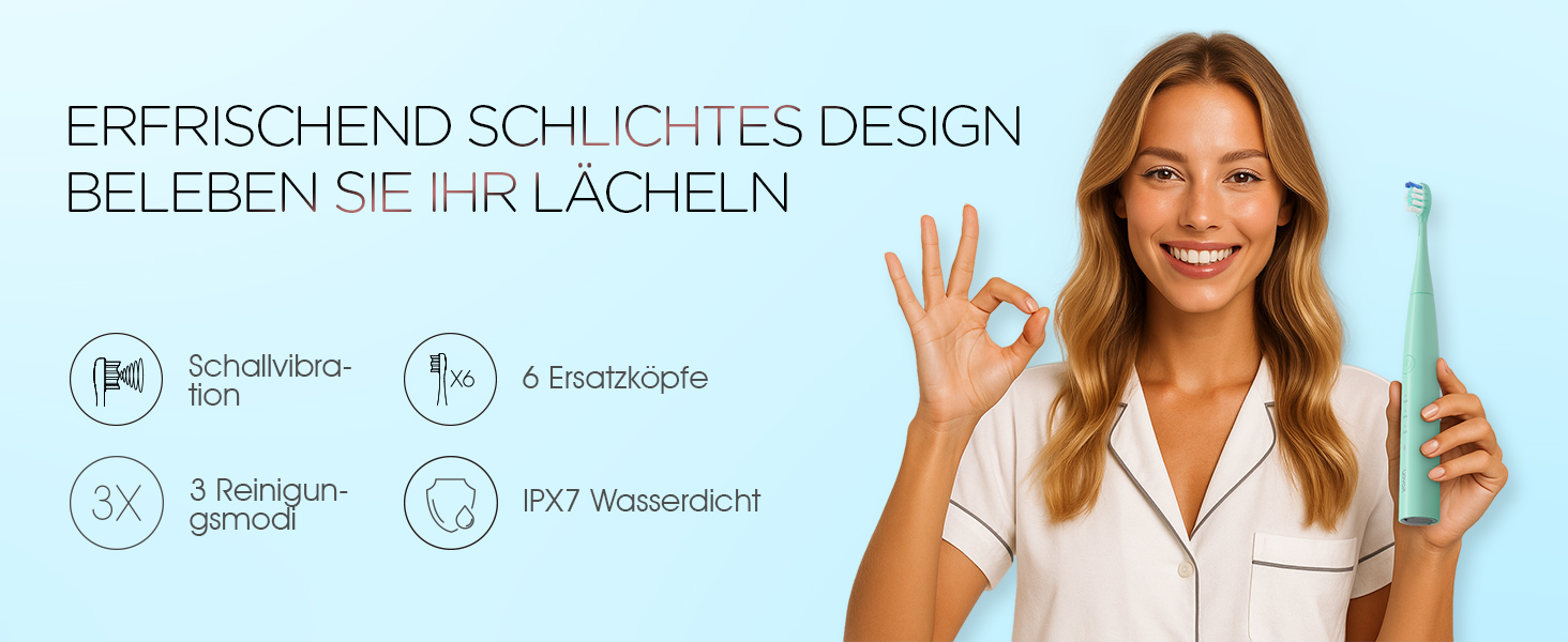 Електрична звукова зубна щітка Ultraschall ET110 (41000 VPM, 70 днів, 6 насадок, таймер, IPX7, зелена)