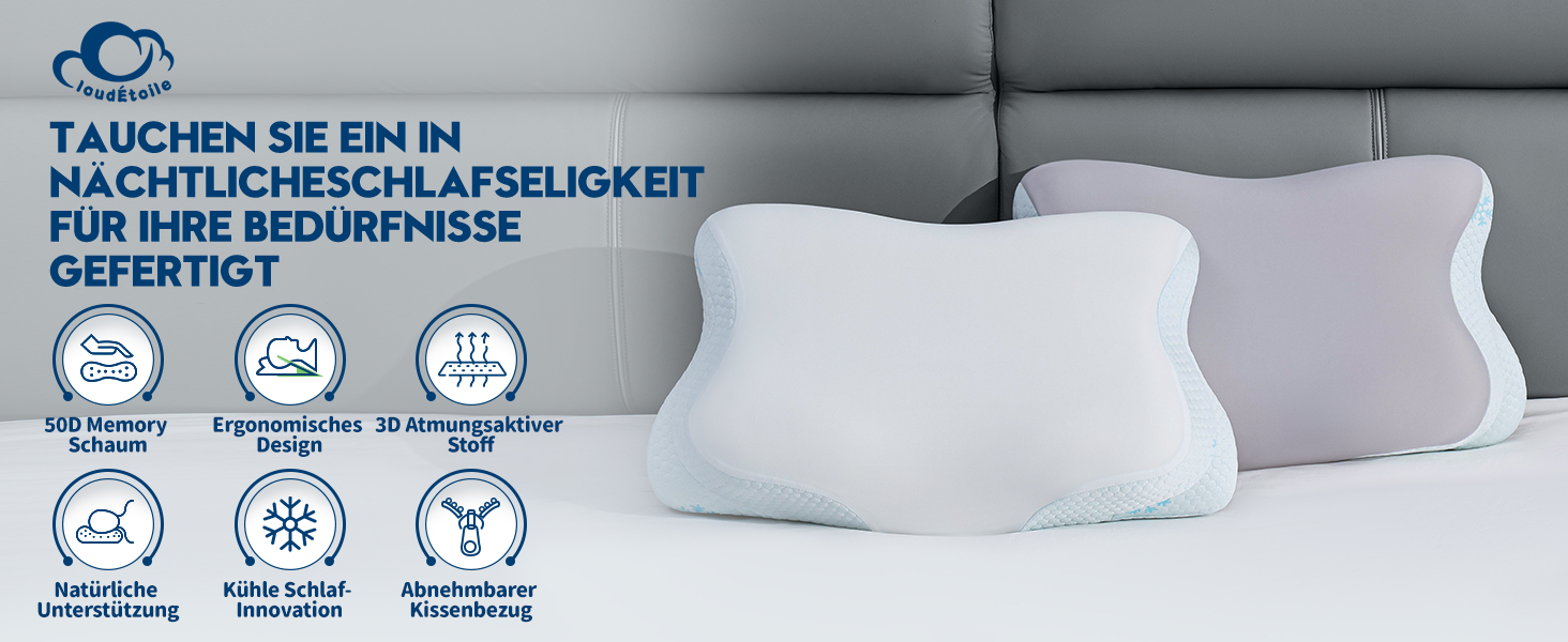 Ортопедична подушка CloudÉtoile з Memory Foam 2-в-1: ергономічна подушка для сну на боці, спині та животі. Біла, 64x38x12 см.