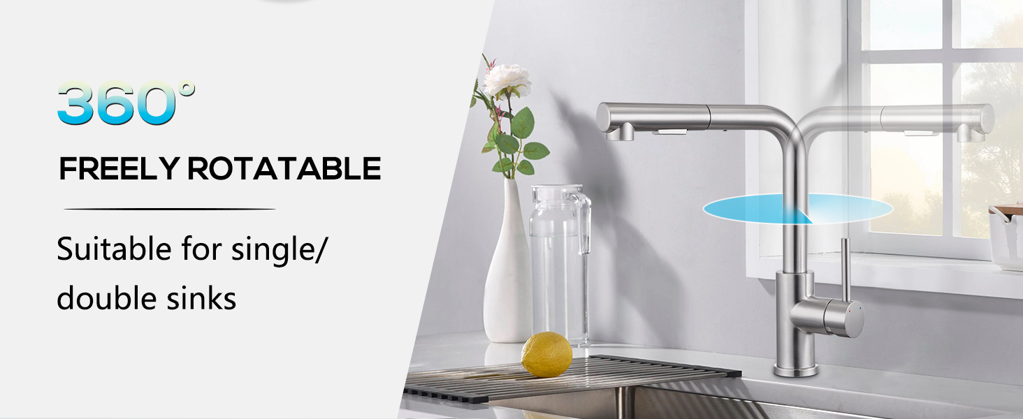 Кухонний змішувач висувний BONADE з душем, 360° поворот, змішувач для кухні з 2 струменями, з нержавіючої сталі, однорідний