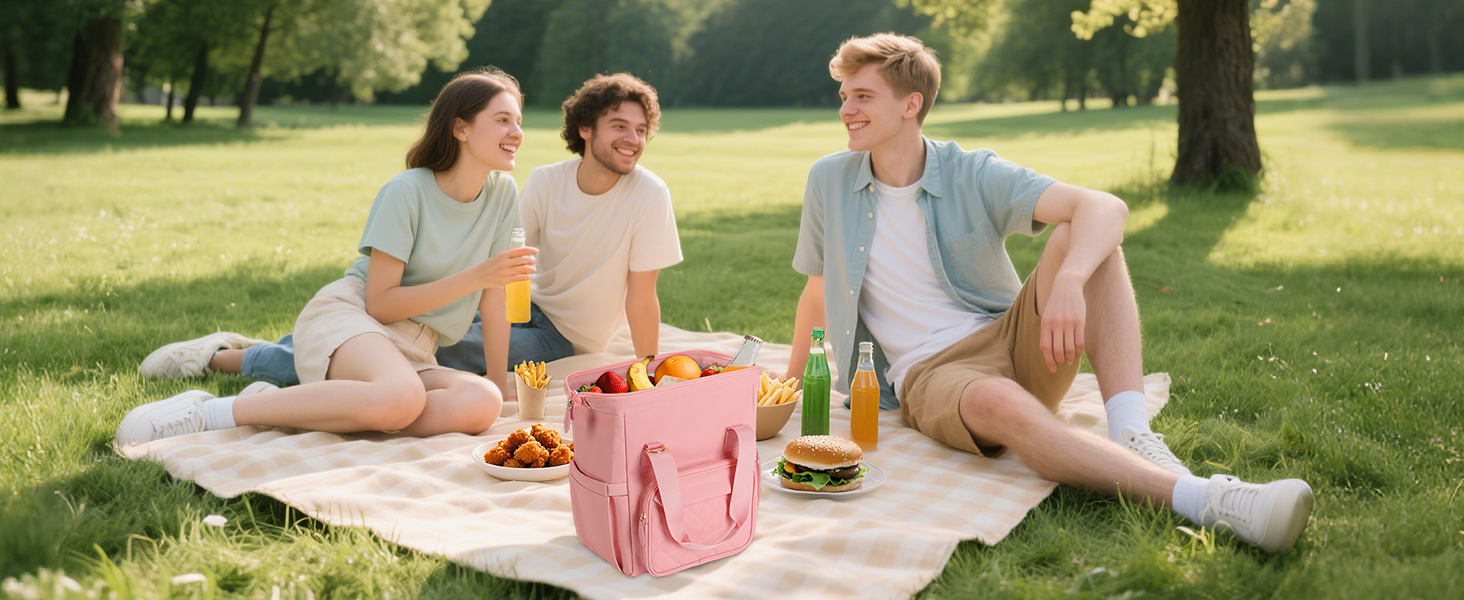 Сумка-холодильник 20 л, рожева: ізольована сумка-ланчбокс з PEVA-підкладкою, кілька відділень та плечовим ременем для роботи, школи, авто, пікніка