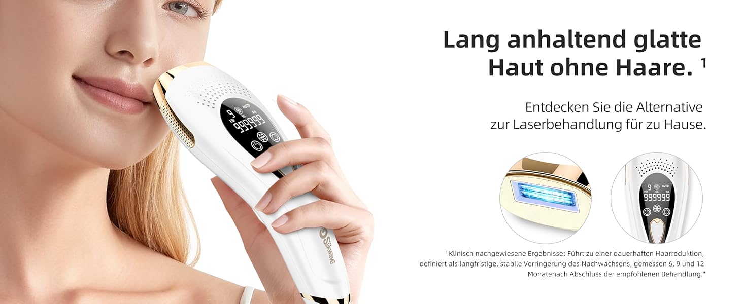 Пристрій для епіляції IPL з охолодженням 6°C, безболісна епіляція для тіла та обличчя, 999,900 імпульсів, 9 рівнів потужності, білий