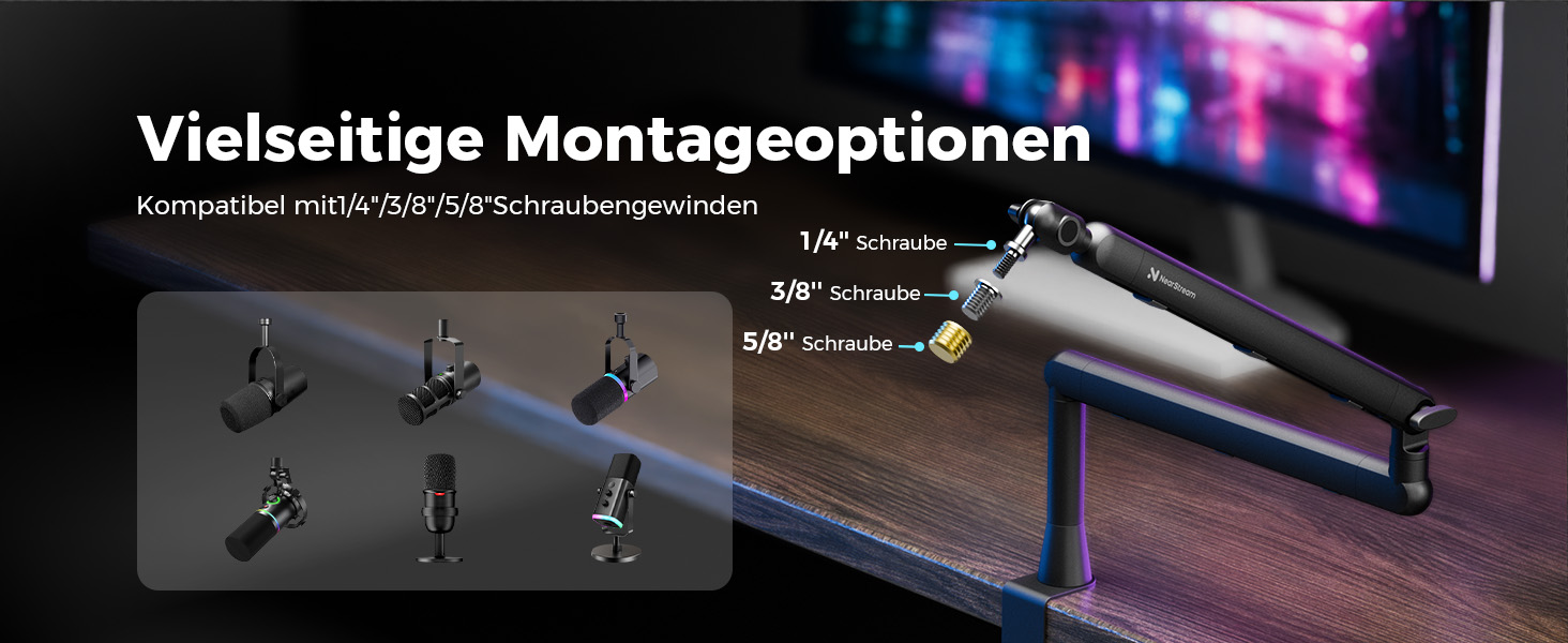 Підставка для мікрофона NearStream ST20 з поворотним кріпленням 360°, регульована висота та адаптер 3/8-5/8 - для подкастів, стрімінгу, геймінгу, офісу