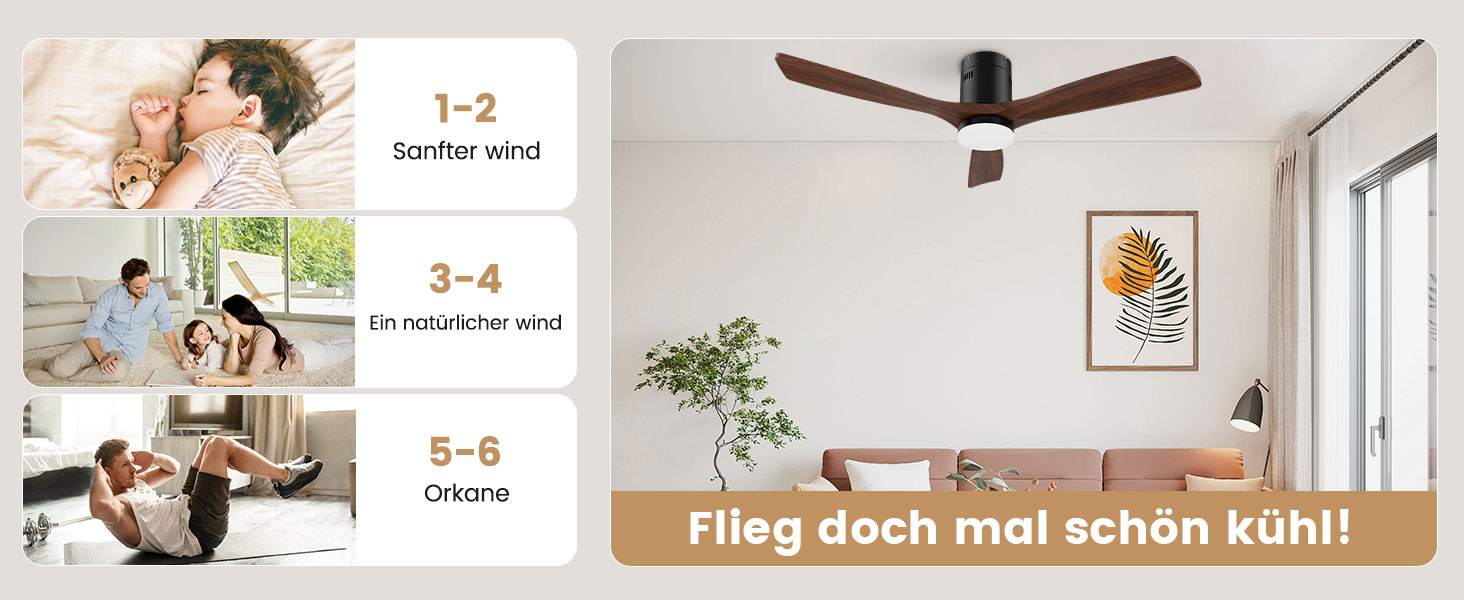 Стеляний вентилятор з дерева з підсвічуванням та керуванням, 132 см, 24W LED, DC-двигун, 6 швидкостей, таймер, пульт дистанційного керування