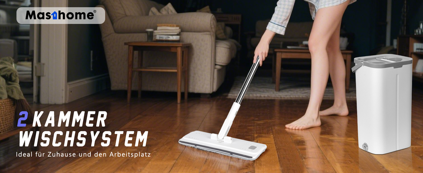 Набір для миття підлоги з відром, Masthome - компактний моп та відро з віджиманням, 3 мікрофібрових насадок та нержавіюча ручка, 2 в 1, для дерев'яних, плиточних та мармурових підлог (білий)