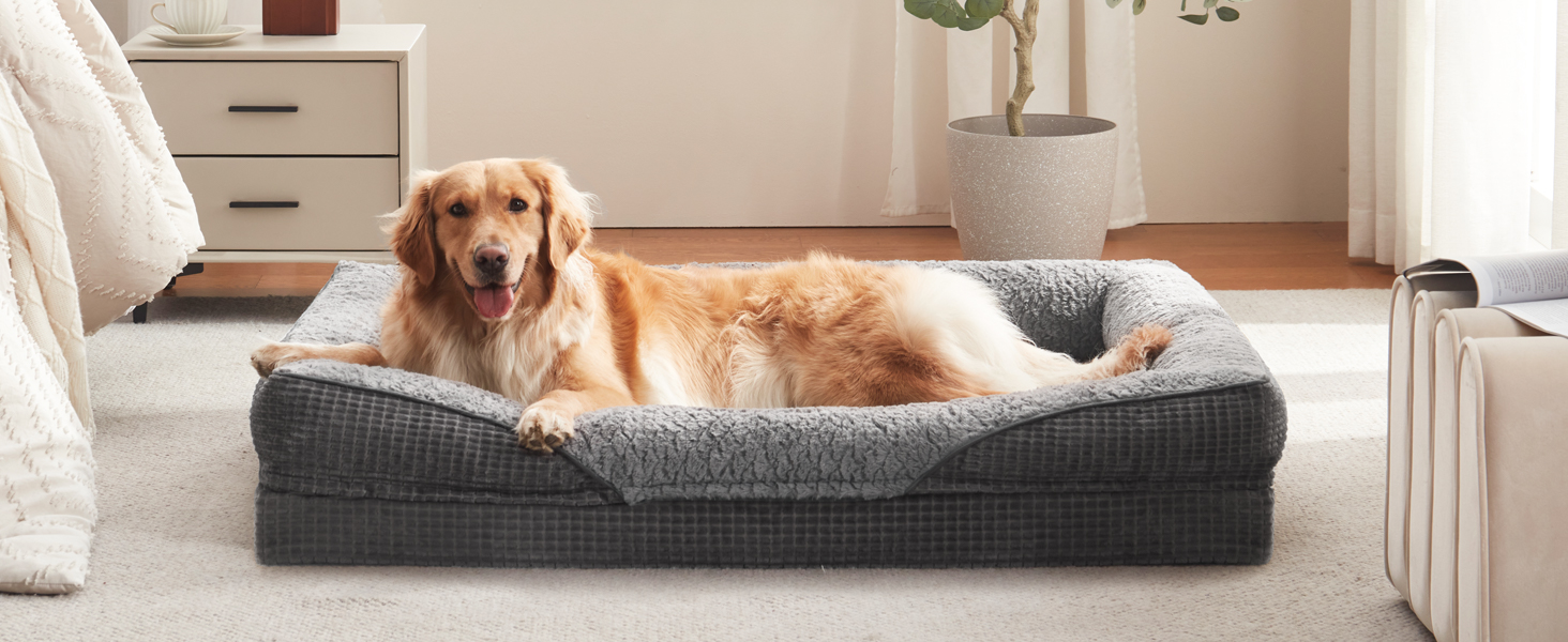 Ортопедичне ліжко для собак середніх та великих порід FURTIME, з memory foam, сіре, 89x64x18 см