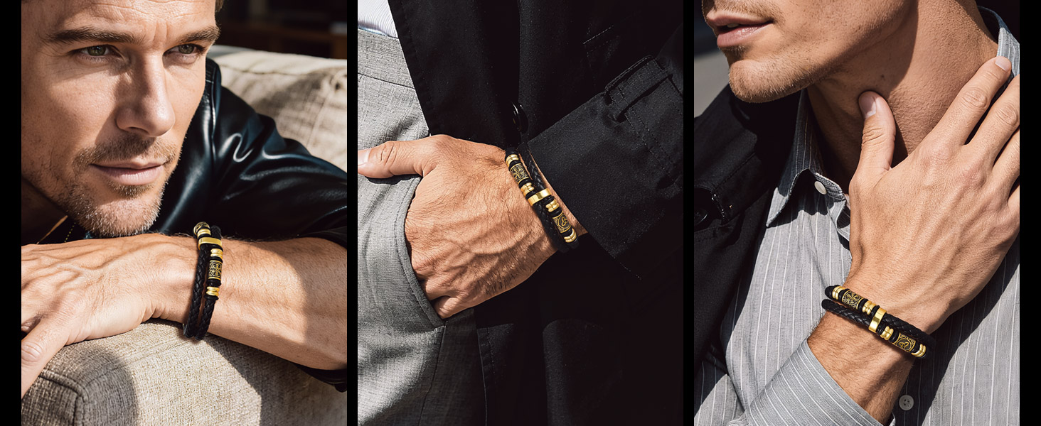 Чоловічий шкіряний браслет Bandmax з плетінням, чорний. Магнітна застібка, регульована довжина 19/21/23 см. Аксесуар для чоловіків у стилі вікінг.