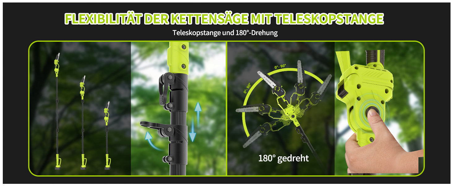 Акумуляторна висоторіз Kettensäge 2-в-1, 6/8 футів, телескопічна штанга, 2x4.0Ah акумулятор, автоматичне змащення, швидка заміна насадок, для обрізки дерев у саду