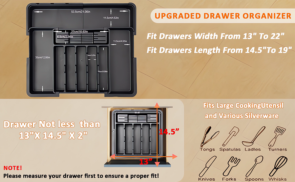 Органайзер для столових приборів ZHUlYIWIN в шухляду, розсувний, з тримачами для ножів (сірий)