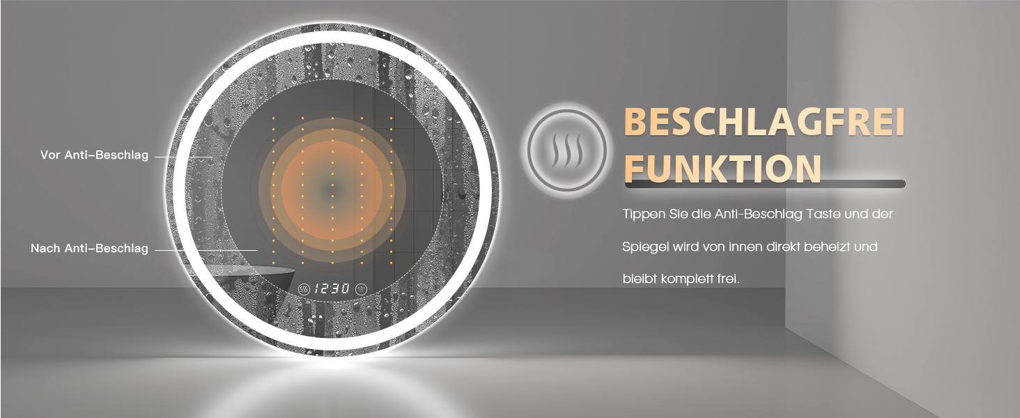 Дзеркало для ванної кімнати Dripex круглої форми з підсвічуванням LED, сенсорне керування, регулювання яскравості, 3 кольори світла, запобігання запотіванню, 60x60 см