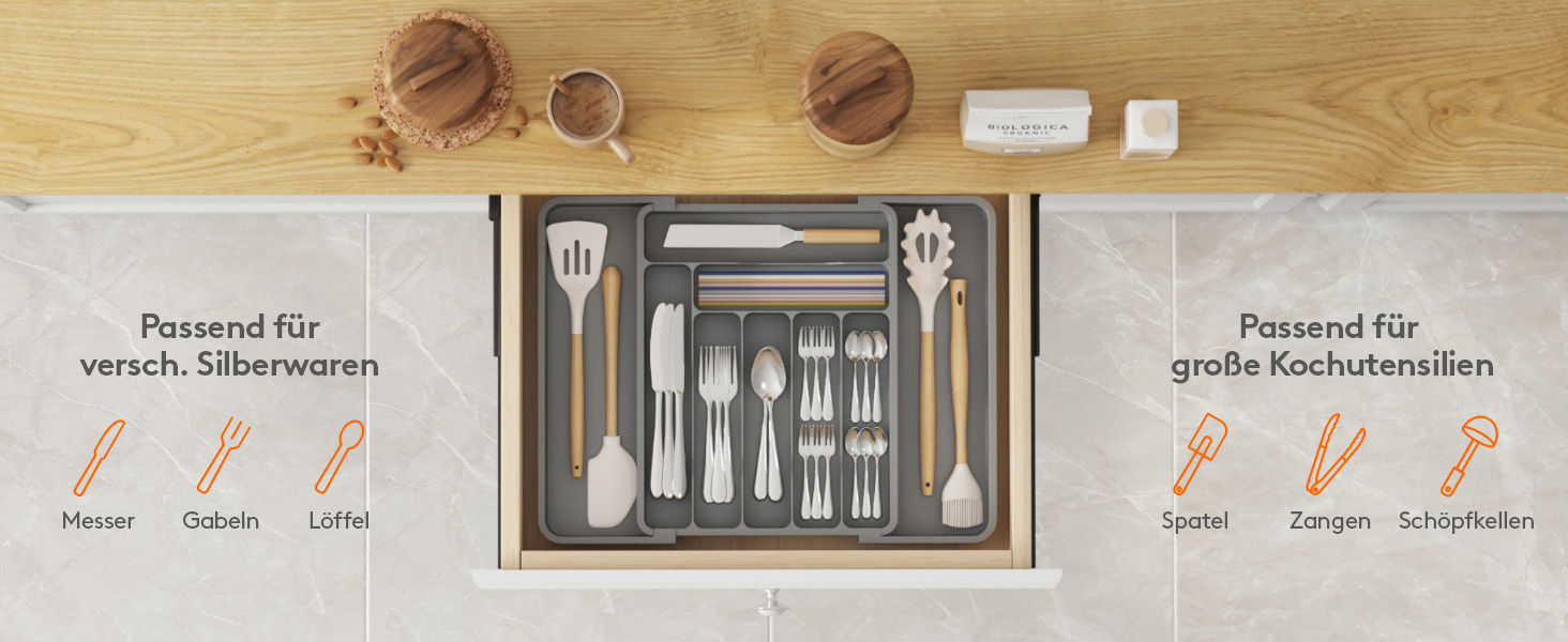 Органайзер для столових приборів Lifewit в шухляду, розсувний, пластиковий, 7-9 відділень, сірий, глибокий 38 см - великий розмір