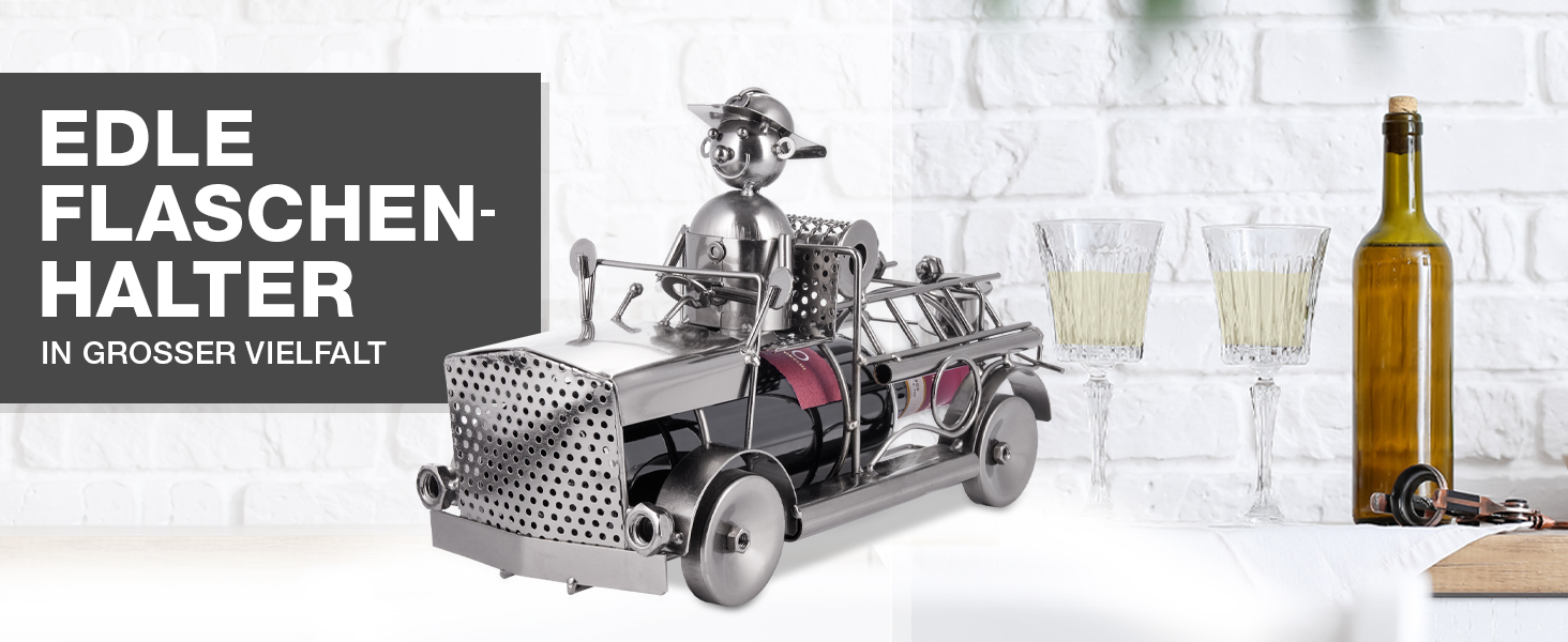 BRUBAKER Wine Bottle Holder Fire Department - Fire Truck Metal Sculpture Bottle Stand - 32 cm Metal Figure Wine Gift for Firefighters - with Greeting Card