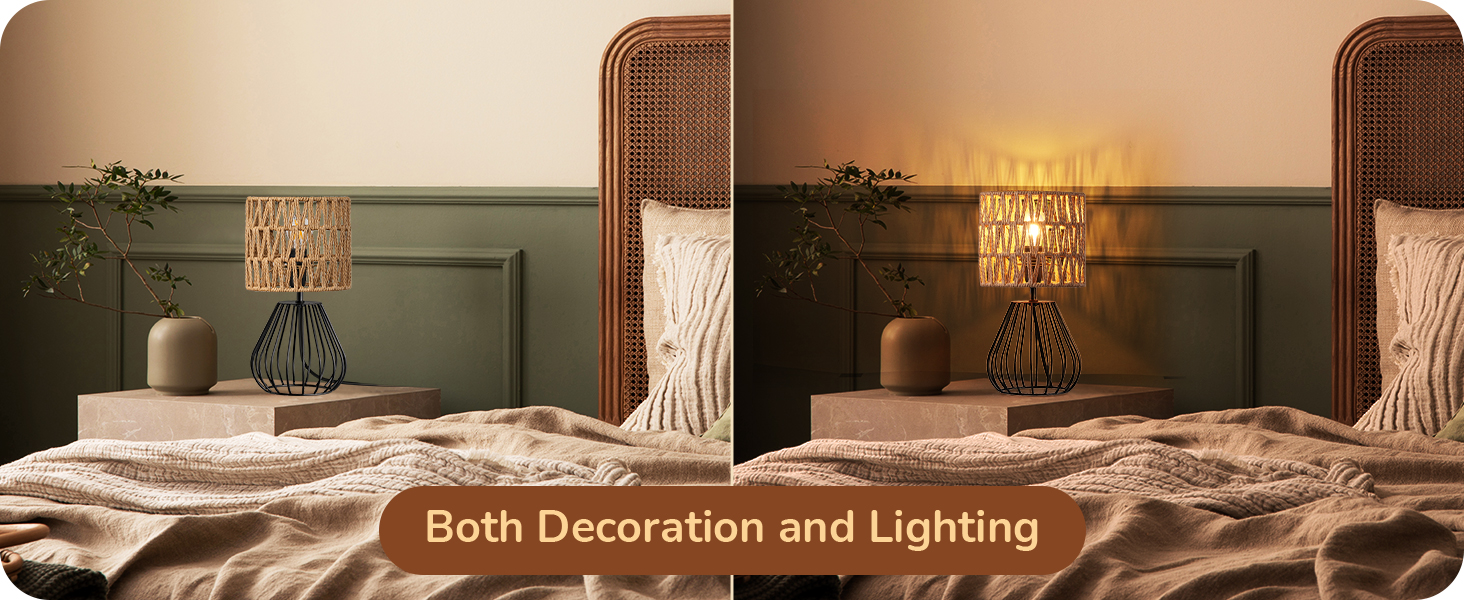 EDISHINE Настільна лампа, сучасний індустріальний дизайн, цоколь E14, вінтажний стиль, для спальні, вітальні, бежево-чорний колір (ротанг + чорний)